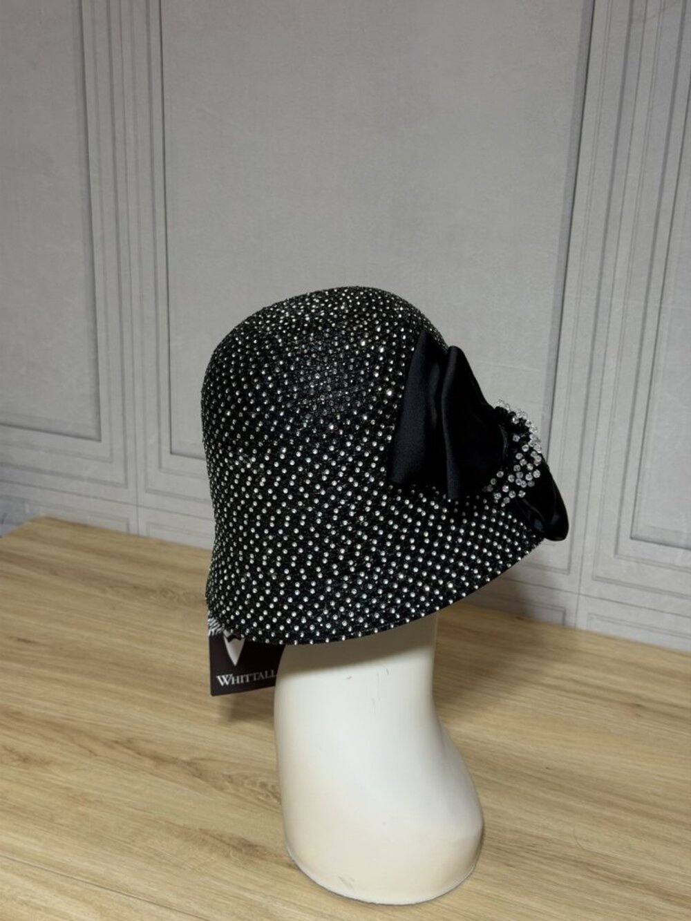Whittall & Shon Black Rhinestone Bow Hat Womens One Size Formal Church NEW - Picture 4 of 11